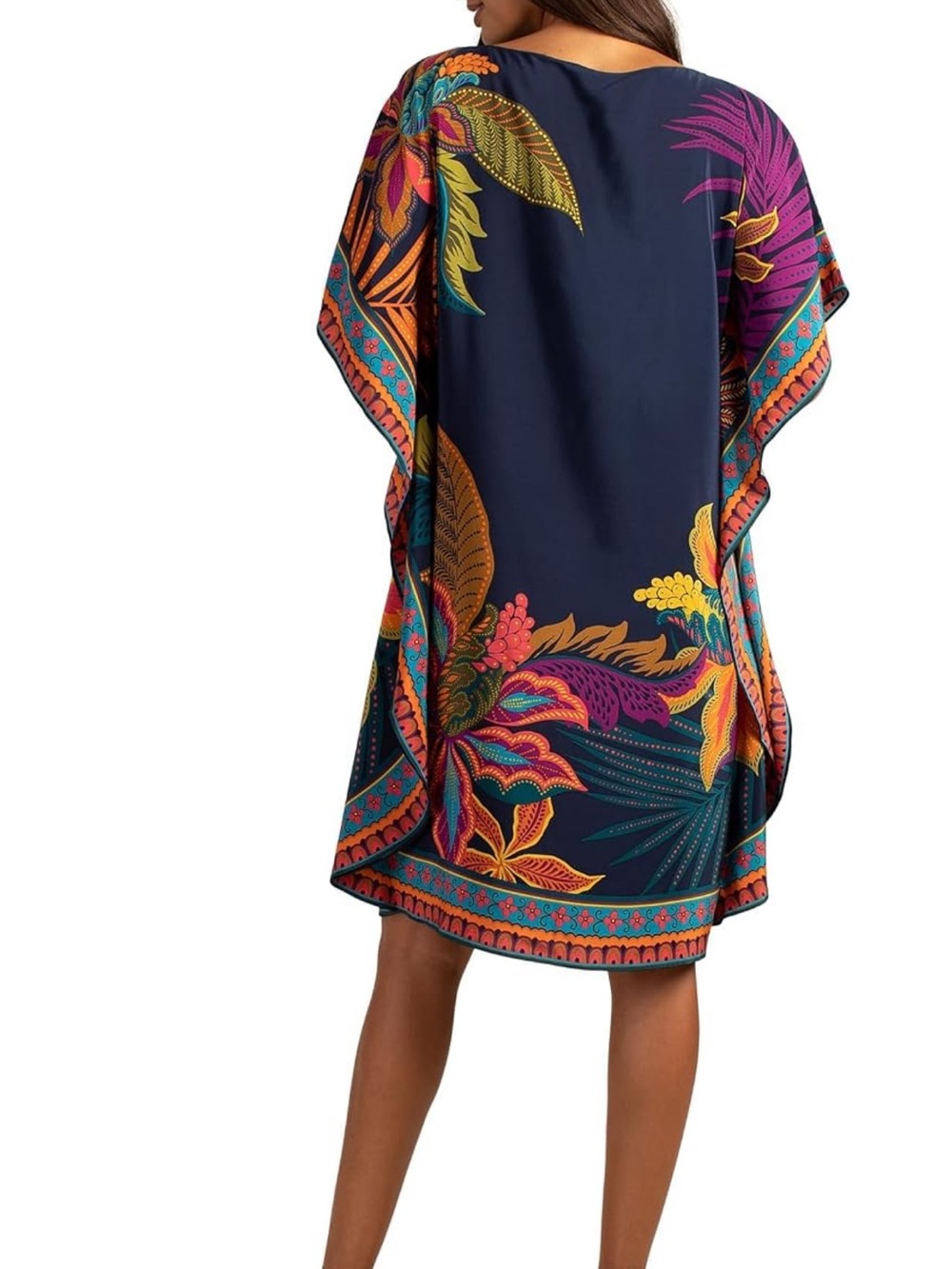 NWT Trina Turk 100% Silk Tropical Floral Kaftan Caftan Mini Dress Navy XS